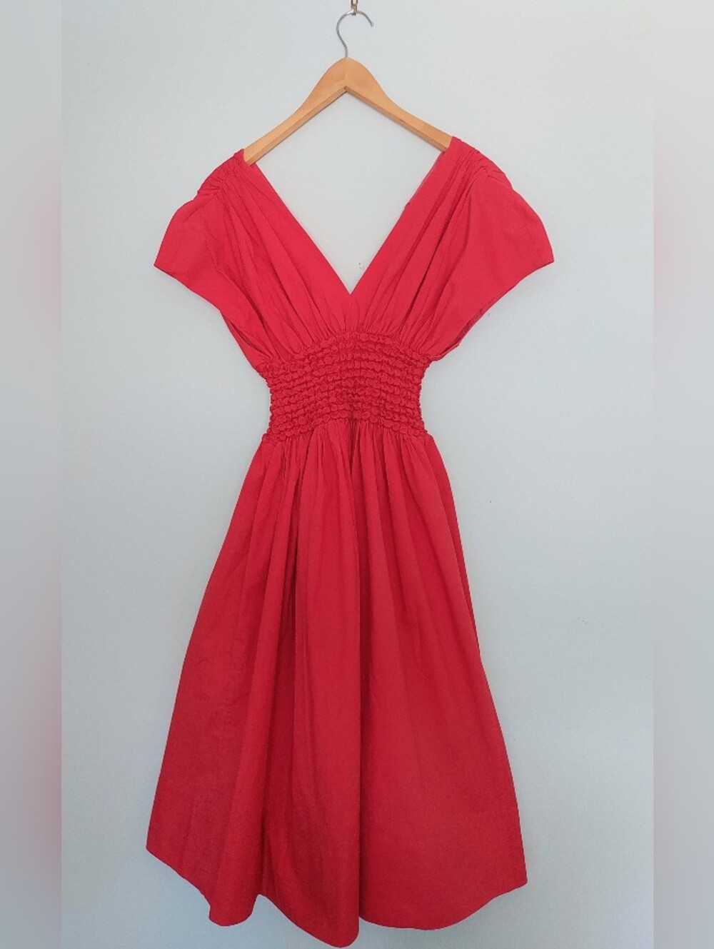 Staud Jackson Cap Sleeve Smocked Midi Dress Size Small Cotton Poplin - Picture 10 of 13